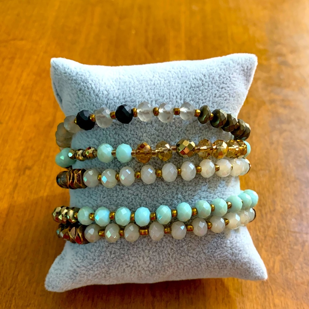 5 Turquoise, Gold, and Black Stackable Bracelets